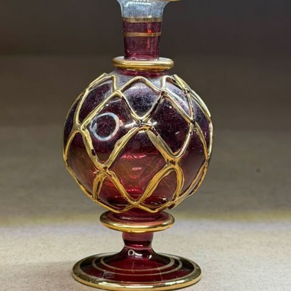 Vintage Ruby Red Art Glass Decanter Bottle with Gold Overlay